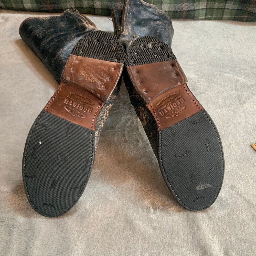 Bed|Stu Eva Distressed Black Lux Leather Knee High Harness Boot Vibram Sole Sz 9 - Picture 3 of 13